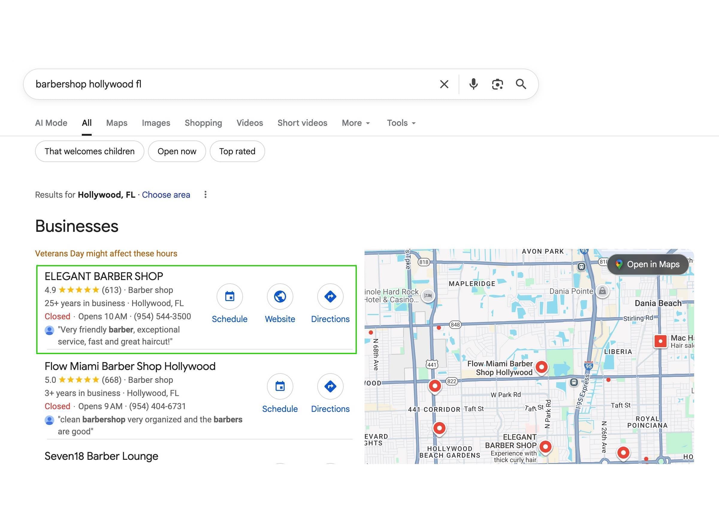 Google Local Listing - Elegant Barber Shop ranks in Local 3-Pack